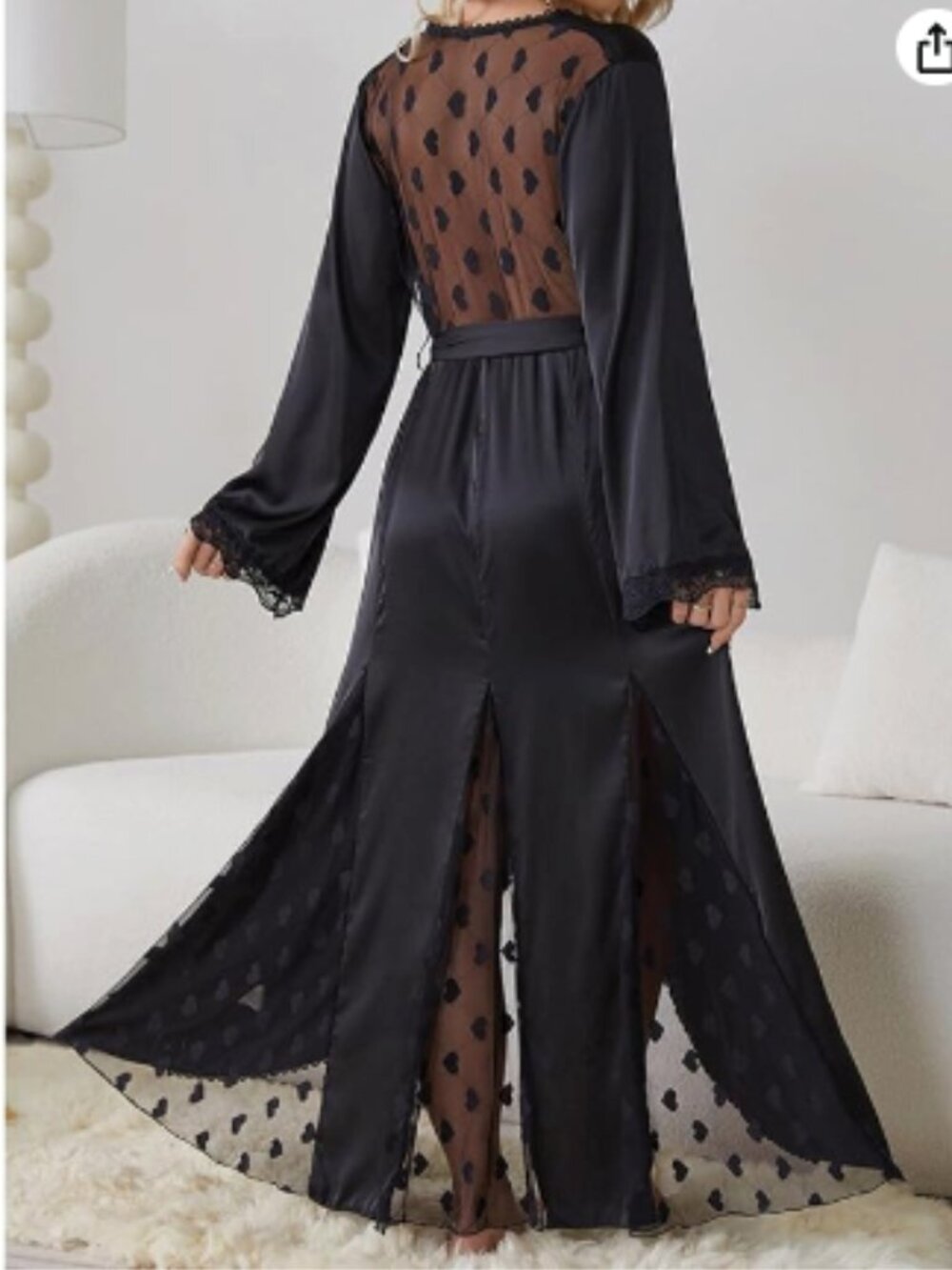 Women’s Size Medium Satin Kimono Robe Black Heart Lace Mesh Trim Dressing Gown